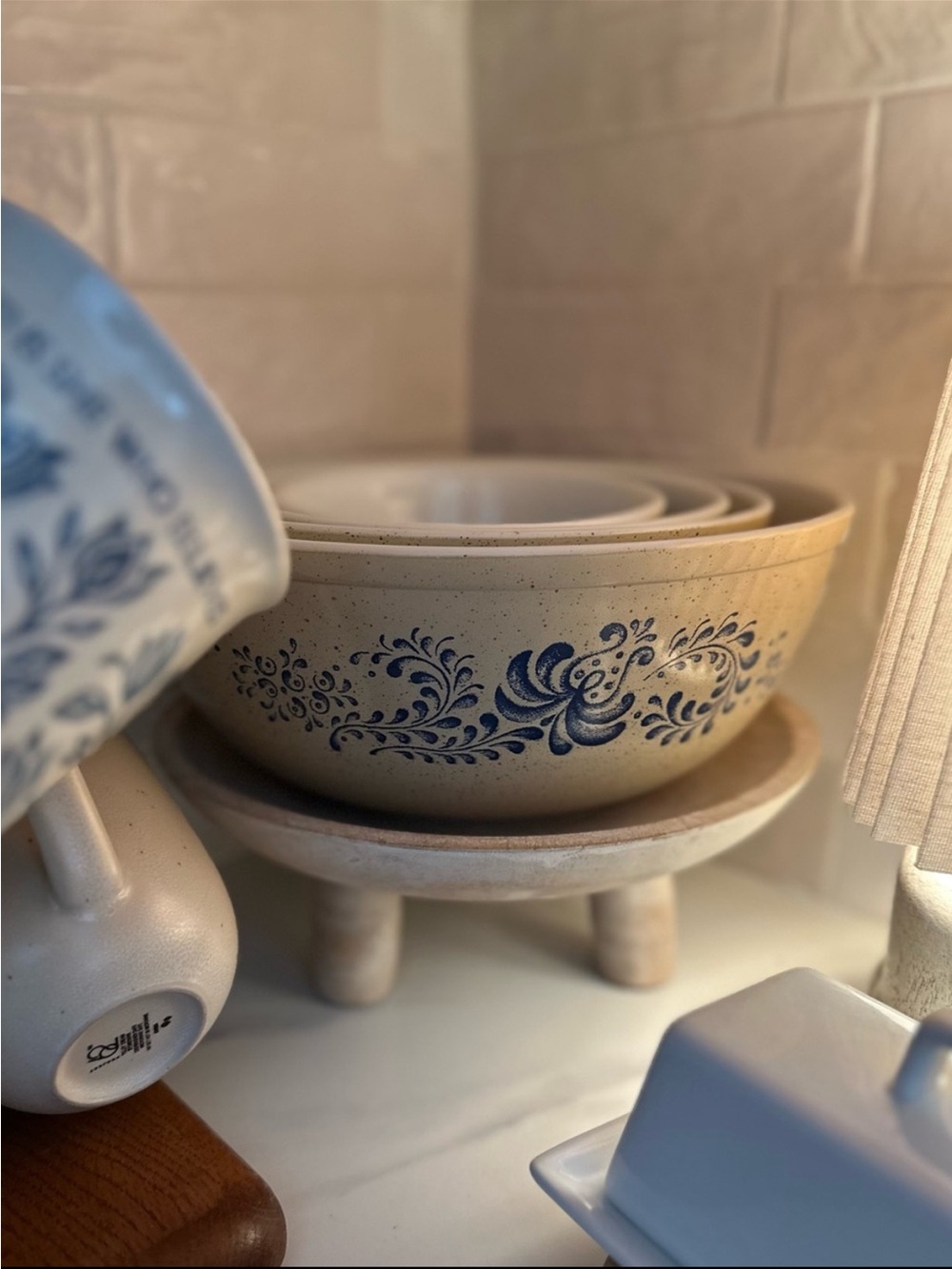 Pyrex Cream and Blue Nesting Mixing Bowl Set of 4